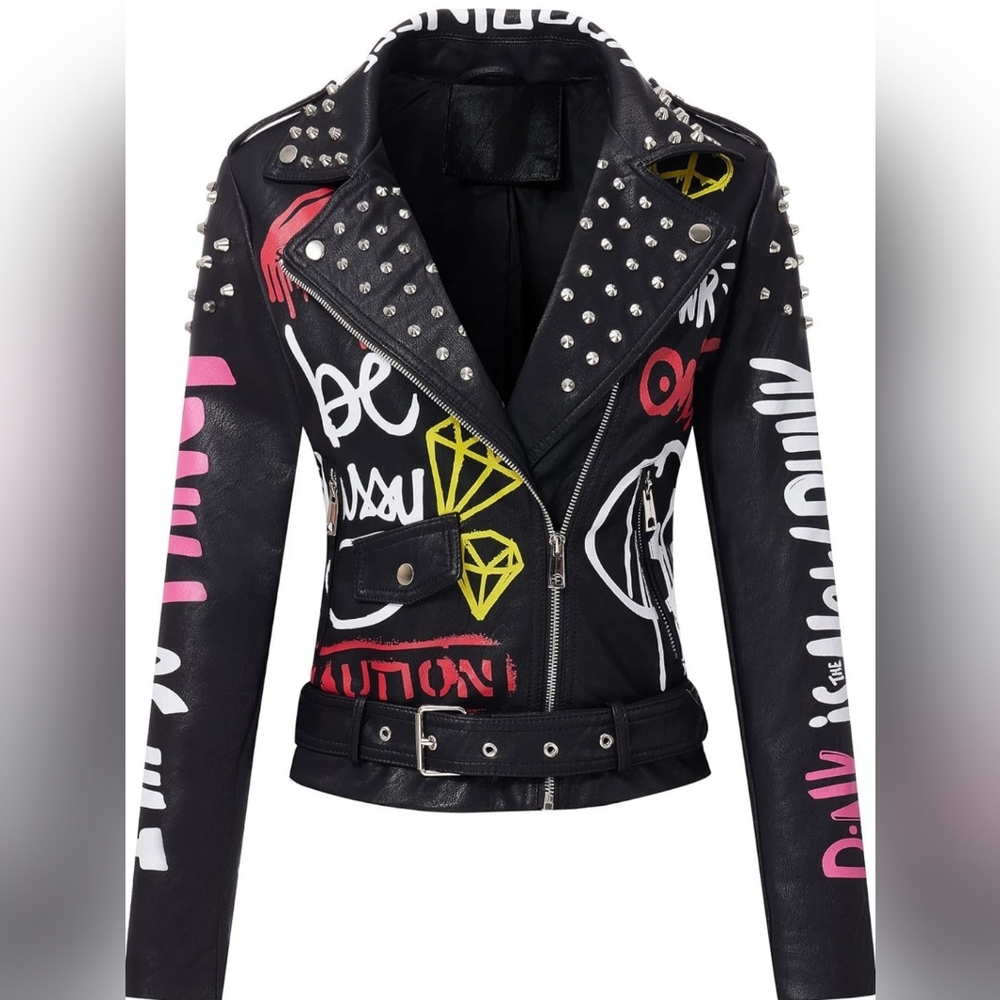 Bellivera Faux Leather Jacket for Women Studded Rivet Floral Moto Biker Coat